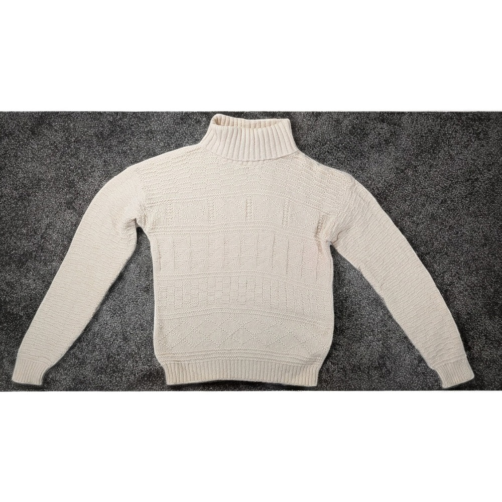 Vintage Eddie Bauer Mens Chunky Knit Turtleneck Sweater Ivory Cotton Fisherman S